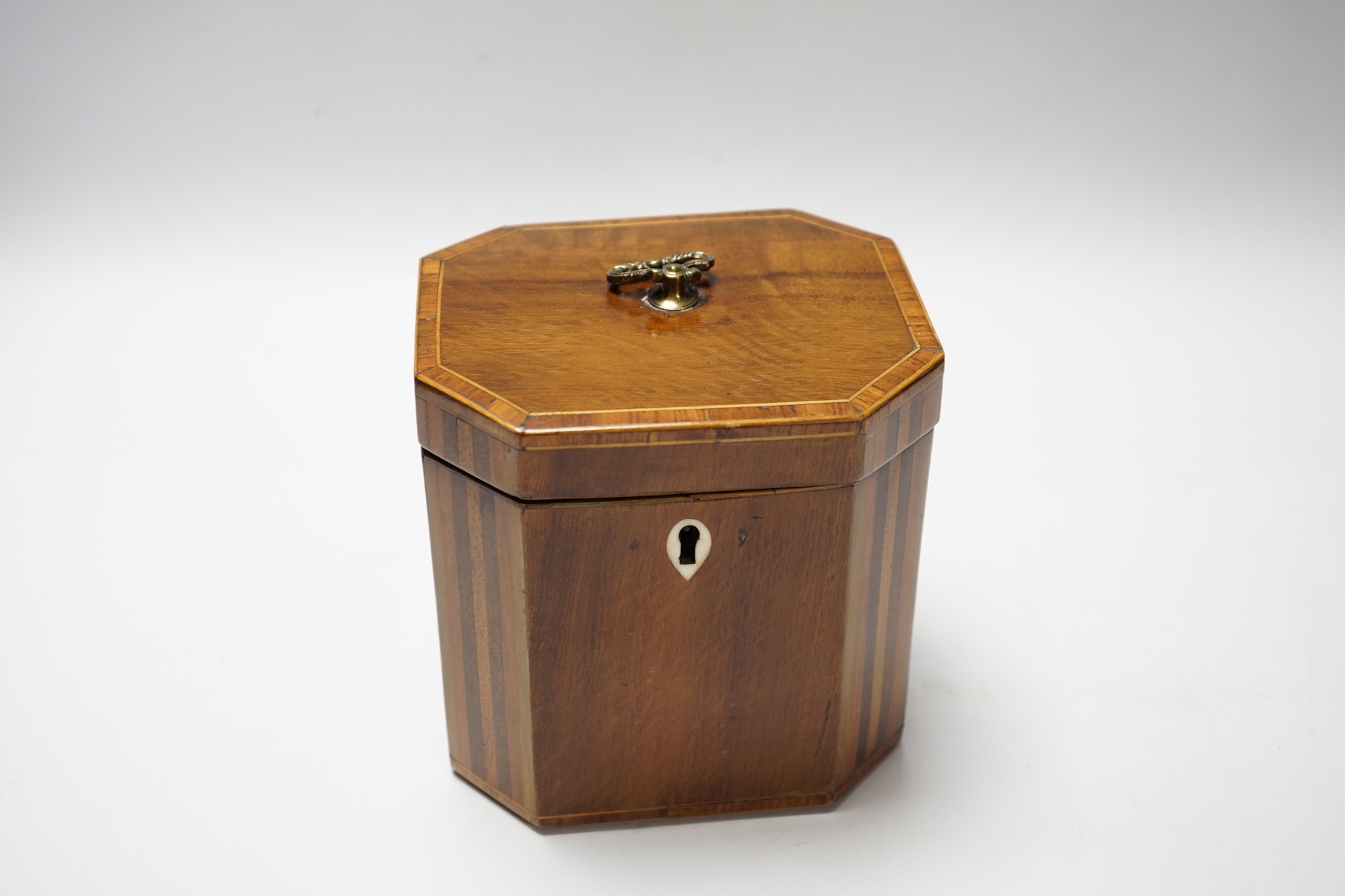 A Regency inlaid octagonal tea caddy and ivory escutcheon lock, 13cm high CITES Submission reference L5T8A768